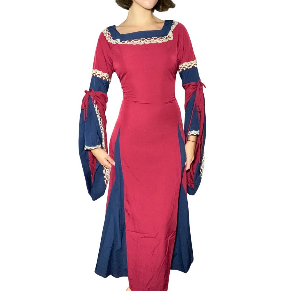 Unbranded Renaissance Red Blue Maxi Dress Medieval Corset Lace Trim VTG Style-XS